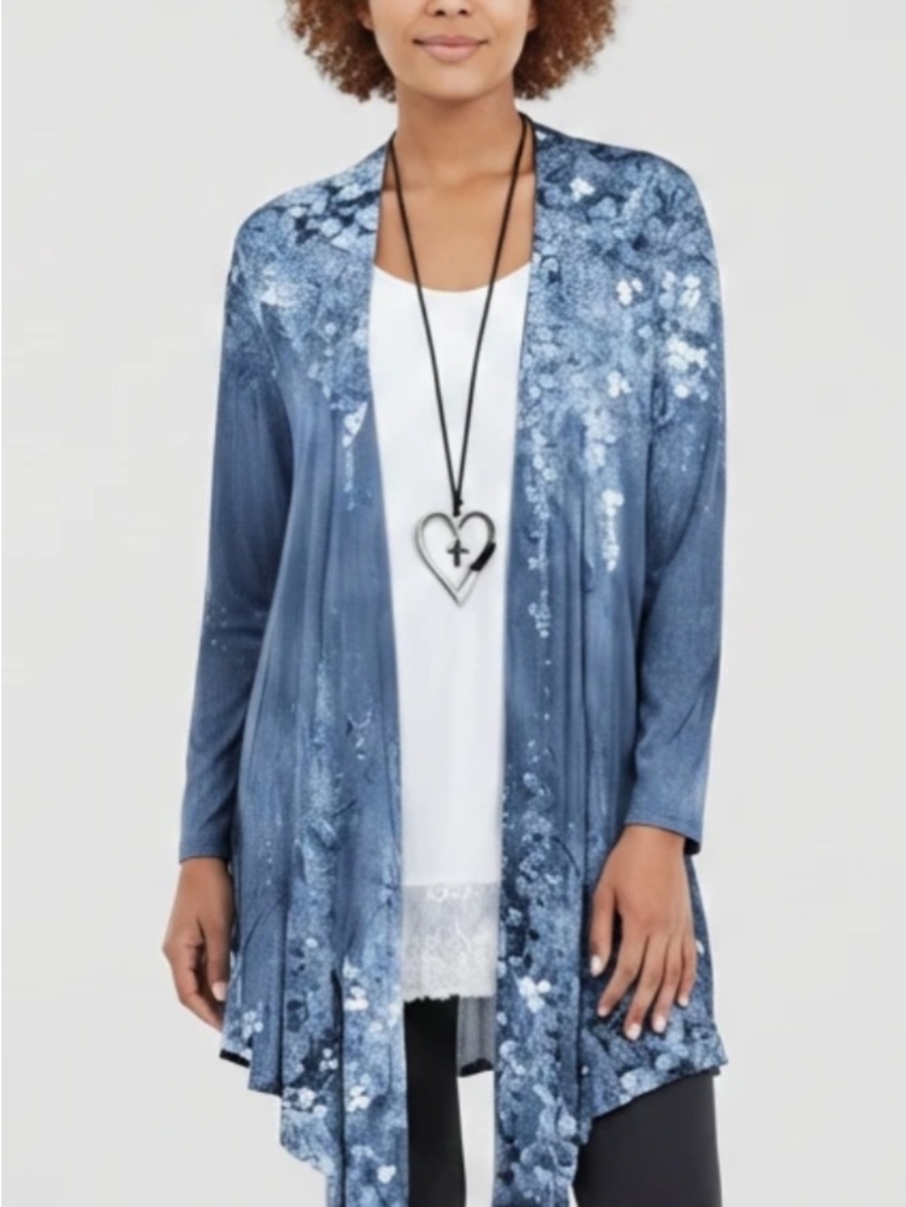 Open Front artistic, blue floral drape cardigan
